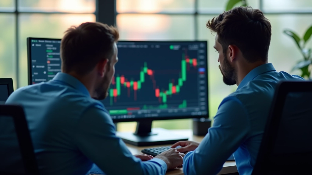 Analista che studia monitor con grafici di volume e indicatori di trading avanzati