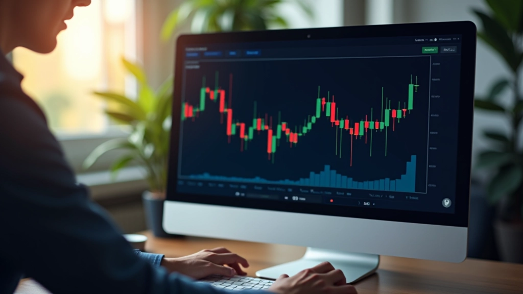 Schermo di un computer con grafici finanziari e candele giapponesi in primo piano, analisi tecnica dei mercati