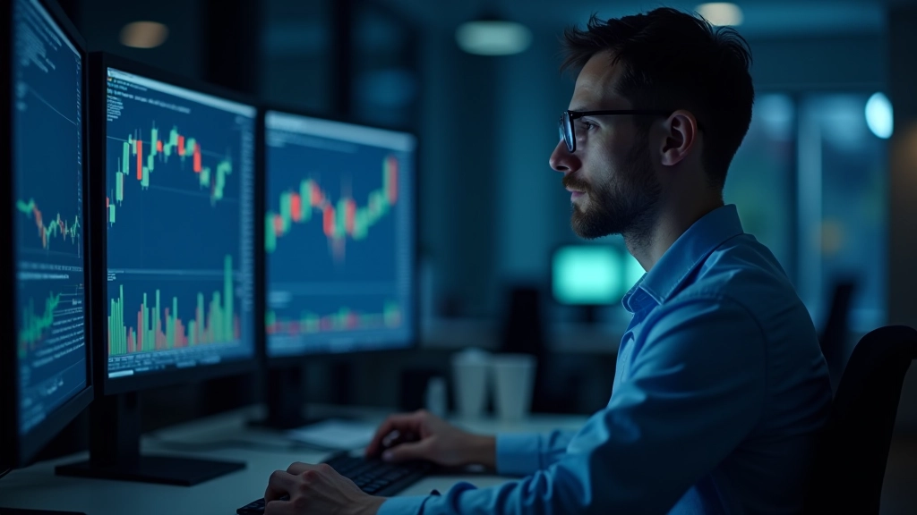 Analista finanziario che esamina grafici su molteplici schermi, studio professionale con dati finanziari, ambiente di analisi dedicato