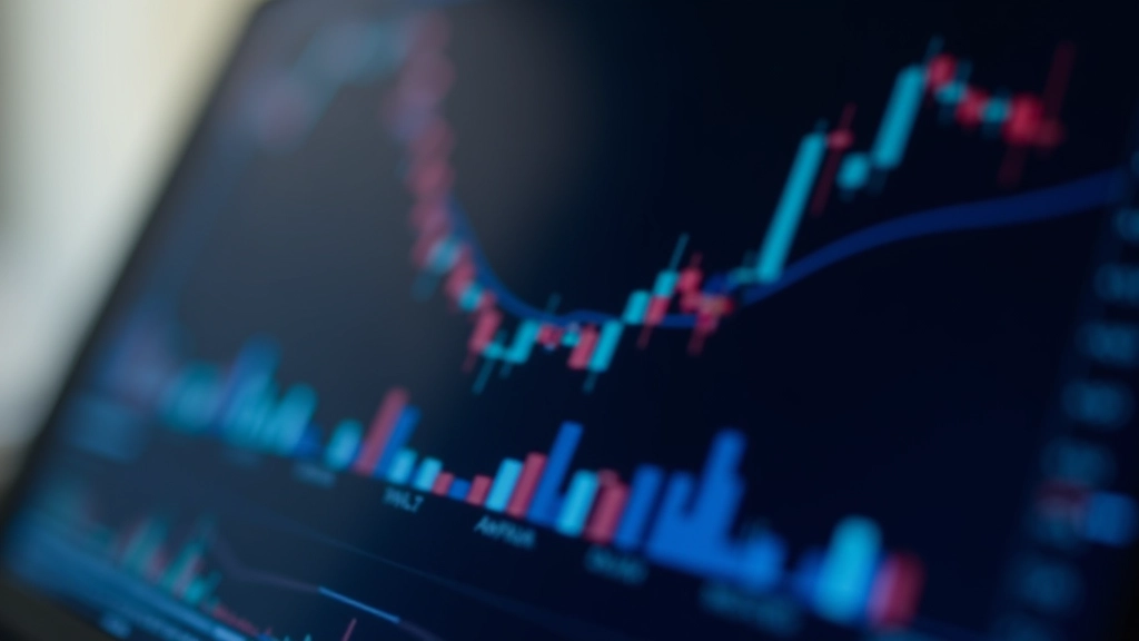 Istogrammi di volume su un grafico finanziario con colori blu e rossi che mostrano il volume degli scambi