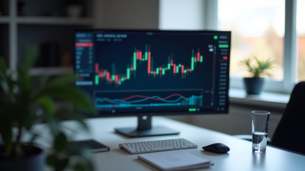 Ambiente di studio moderno con grafici finanziari su schermo, desk professionale, illuminazione naturale, atmosfera educativa