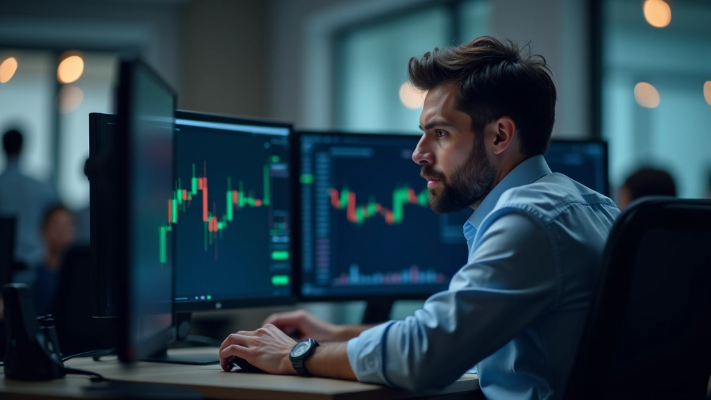 Trader che analizza divergenze di volume sul monitor, osservando movimenti di prezzo con volumi discordanti