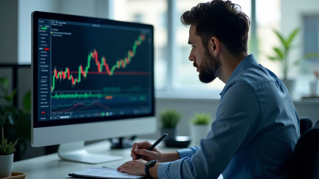 Schermo di un trader che analizza un grafico con candele giapponesi, notebook con appunti di trading accanto al monitor