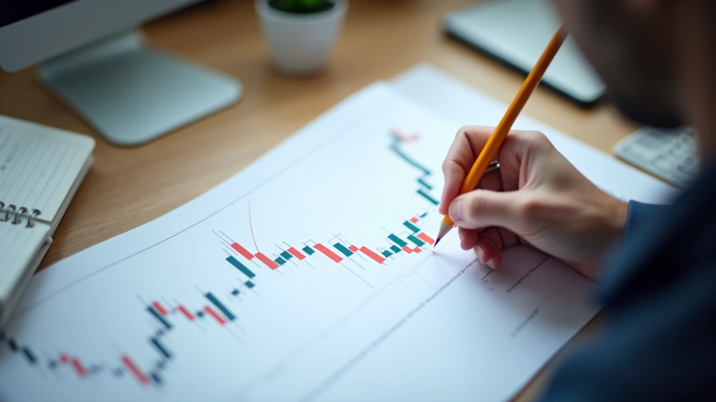 Persona che traccia linee di supporto e resistenza su un grafico stampato con una matita, notebook accanto