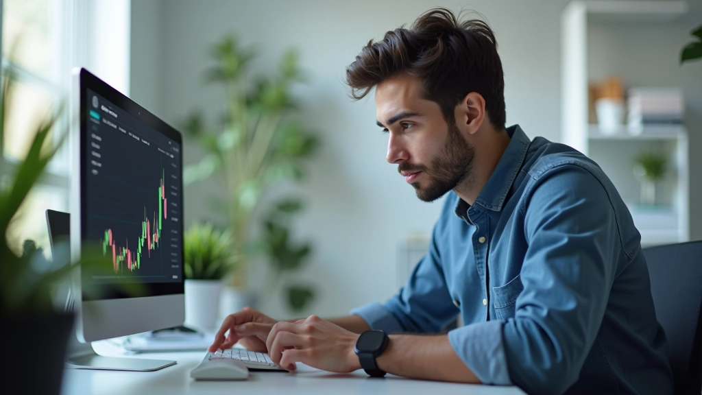 Trader principiante che studia indicatori di volume su una piattaforma di trading, concentrato sul monitoraggio